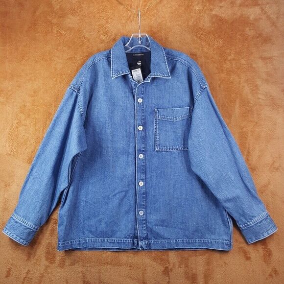 G STAR RAW Mens Jacket Large Blue Jean Button Denim Overshirt Streetwear $210 - Picture 2 of 13
